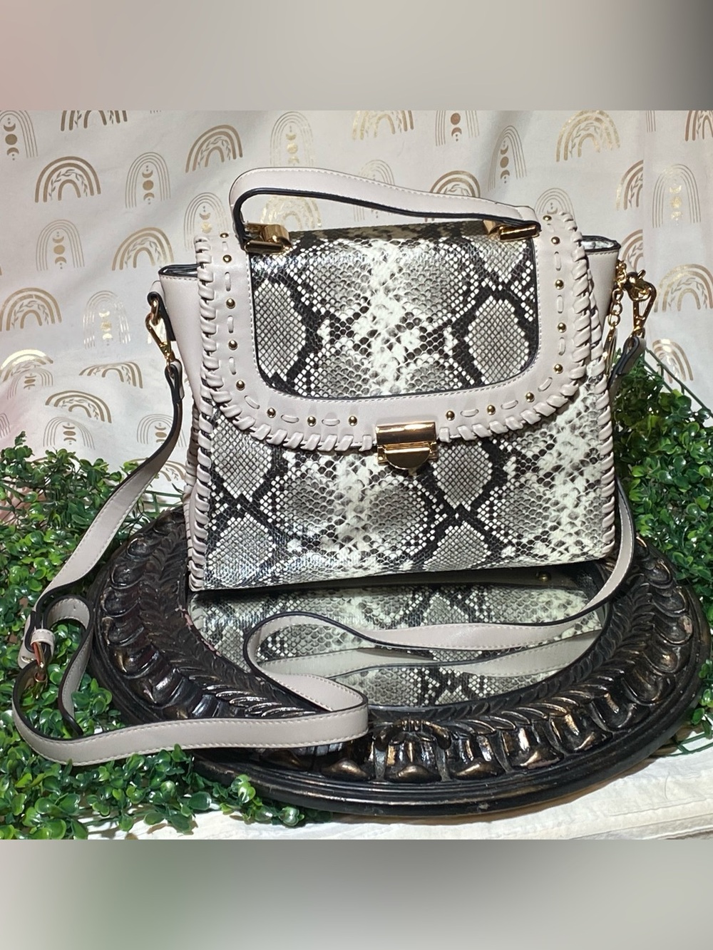 Snake-Print Satchel in Beige and Black with Gold Hardware